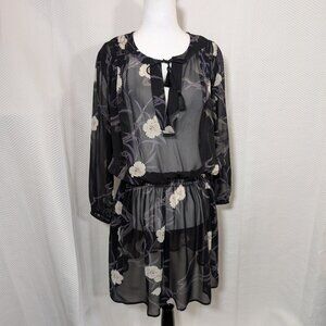 Club Monaco Roanna Black Silk Chiffon Sheer Dress Black Floral Tassels Size 4